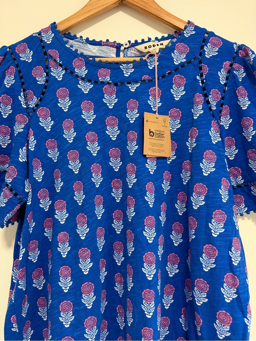 NWT Boden Mila Trim Detail Top Blue Floral Pom Pom Puff Sleeve Cotton